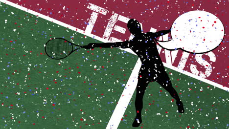 animation of word tennis and confetti over silhouetted tennis player with speech bubble on court