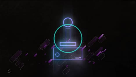 controlador de videojuego icono de neón retro contra rastros de luz púrpura sobre fondo negro
