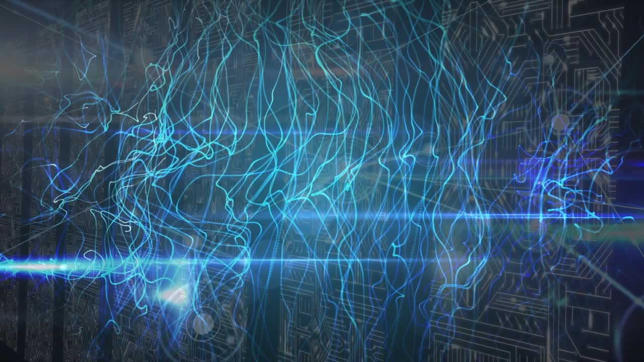 Animation of network of blue waves and lights over servers