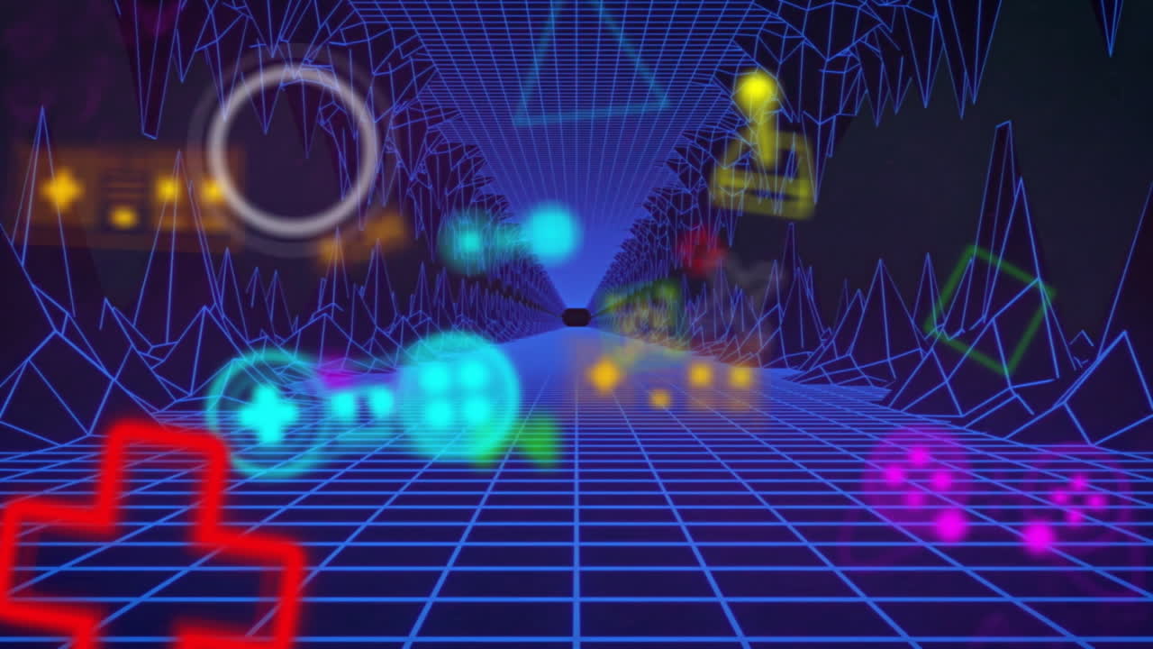 Animation of gaming icons over blue digital tunnel