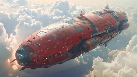 red sci-fi airship soaring through clouds