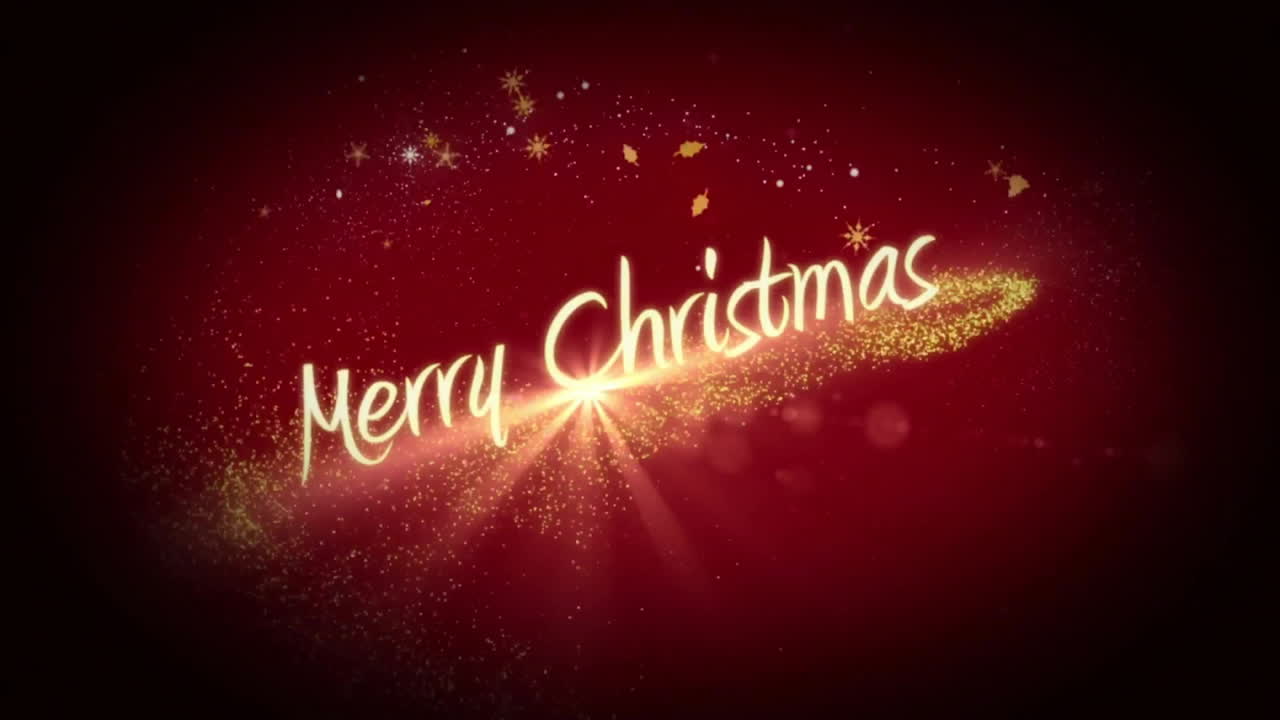 Merry Christmas text animation with sparkling effects on red background