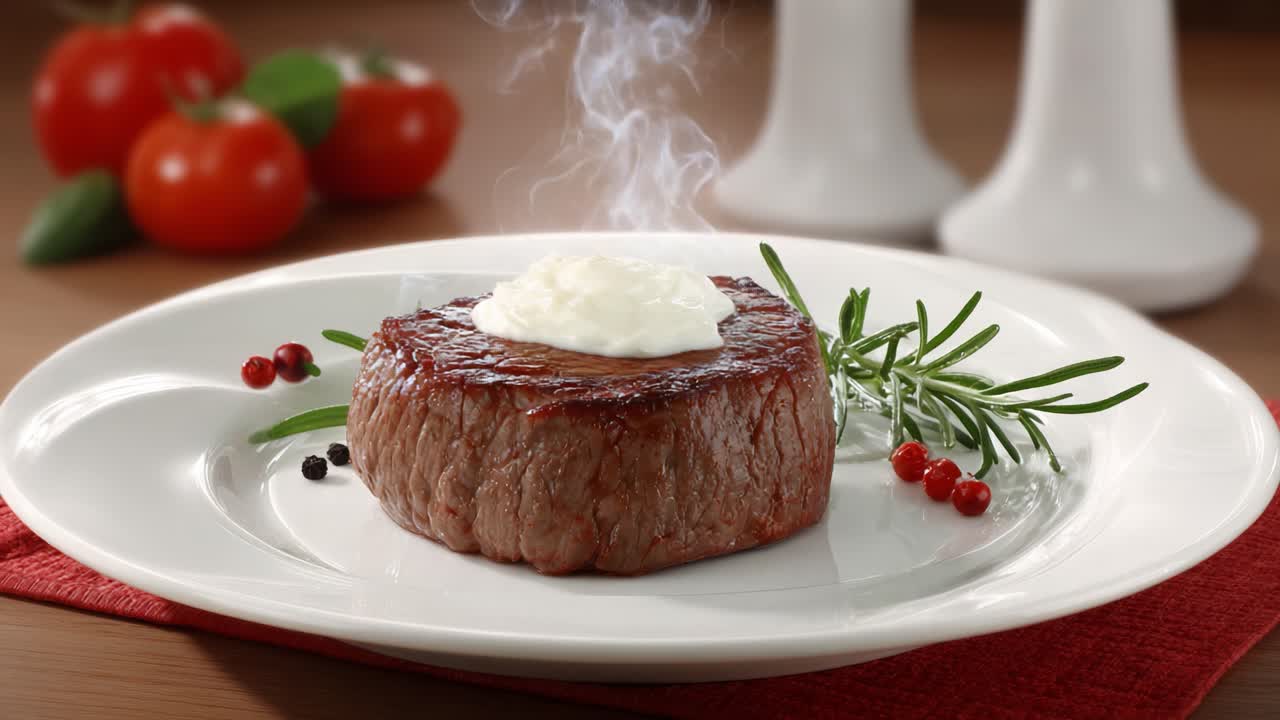 A Gourmet Beef Steak Served with Creamy Topping, Garnished with Fresh Herbs and Accompanied by Juicy Tomatoes, Perfect for Culinary Delights and Fine Dining