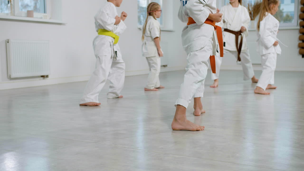 niños en kimono blanco en la clase de artes marciales