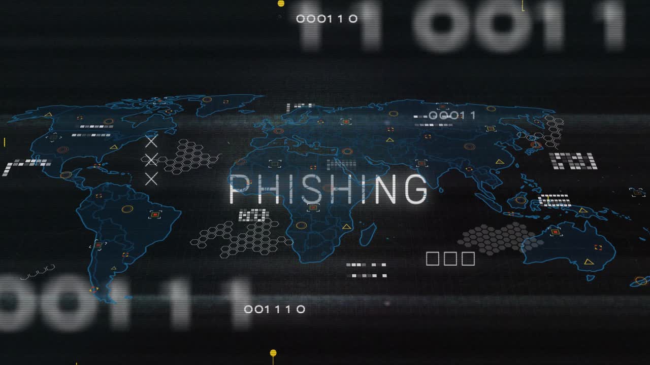 Animation of circuit board pattern around phishing text over map against black background
