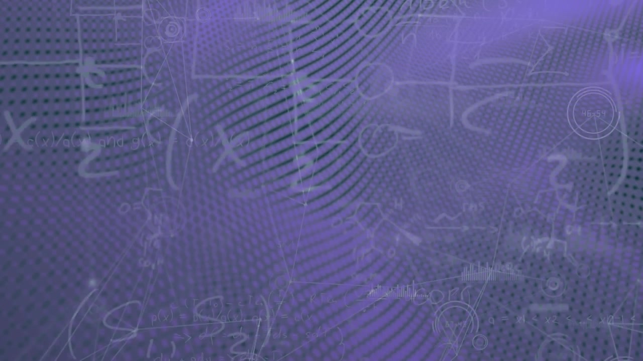 Animation of connections, data processing and math formulas in purple space