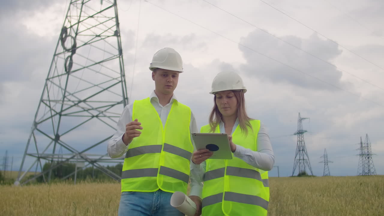Two Electrical engineer working. Talking and working working on a laptop.Checking the power grids.