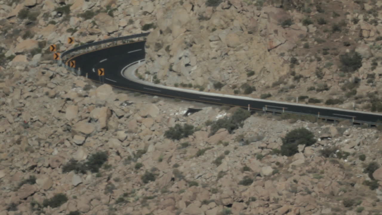 Telephoto view of a desert road in northern Mexico, capturing the shimmering heat and motion of the arid landscape