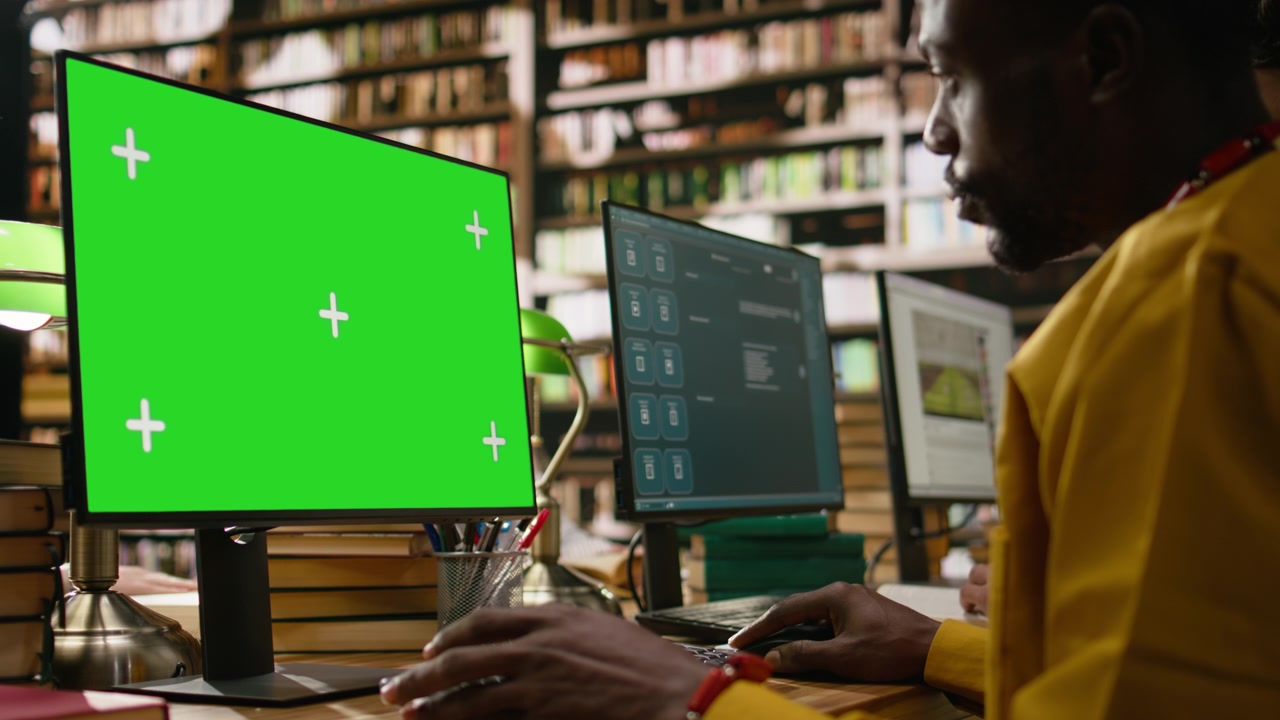 Isolated green screen on desktop monitor with tracking markers