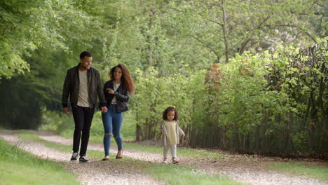 Couple-talk-during-a-country-walk-with-their-young-daughter