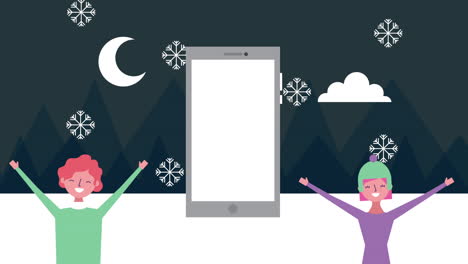 escena de paisaje nevado de invierno con personas y teléfonos inteligentes