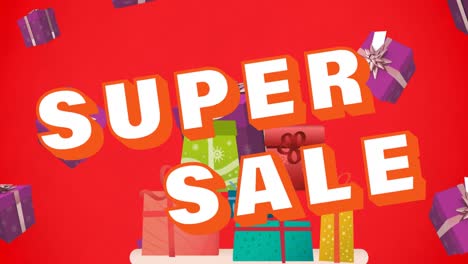 animation of sale text over colorful falling gifts