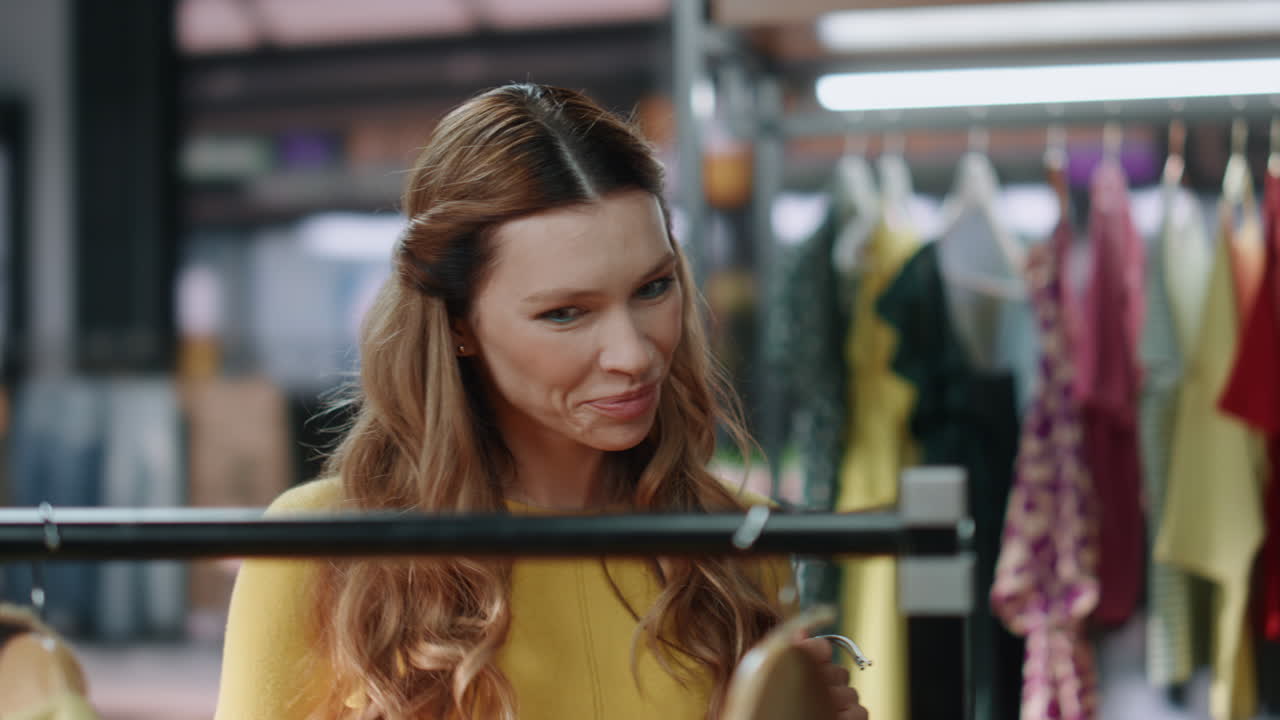 mujer feliz buscando ropa en la tienda centro comercial de primer plano. señora cliente centro comercial