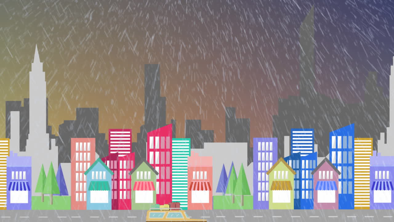 도시 풍경에 비가 내리고 있습니다.