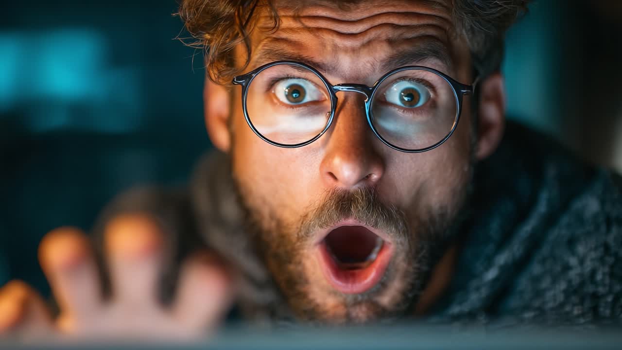Astonished Man Reacts with Shock and Surprise While Staring at a Computer Screen, Capturing a Moment of Intense Emotional Response and Engagement
