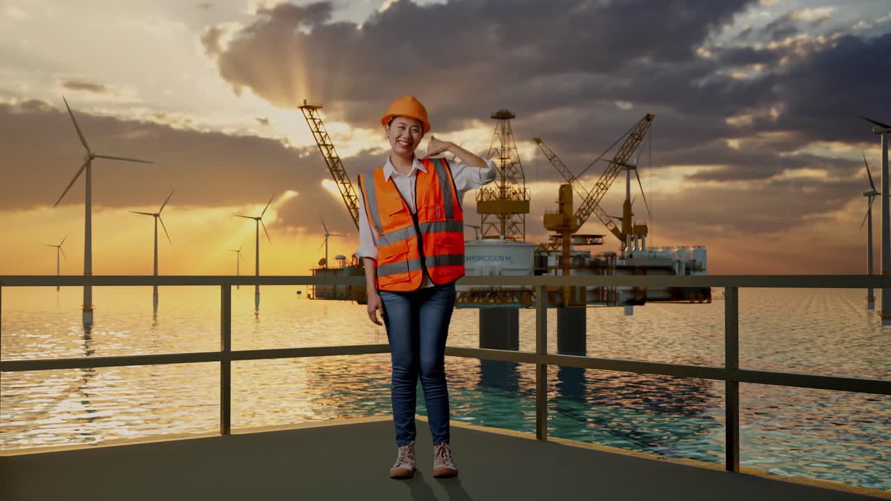 ingeniera en un parque eólico en alta mar y una plataforma de perforación petrolera al atardecer