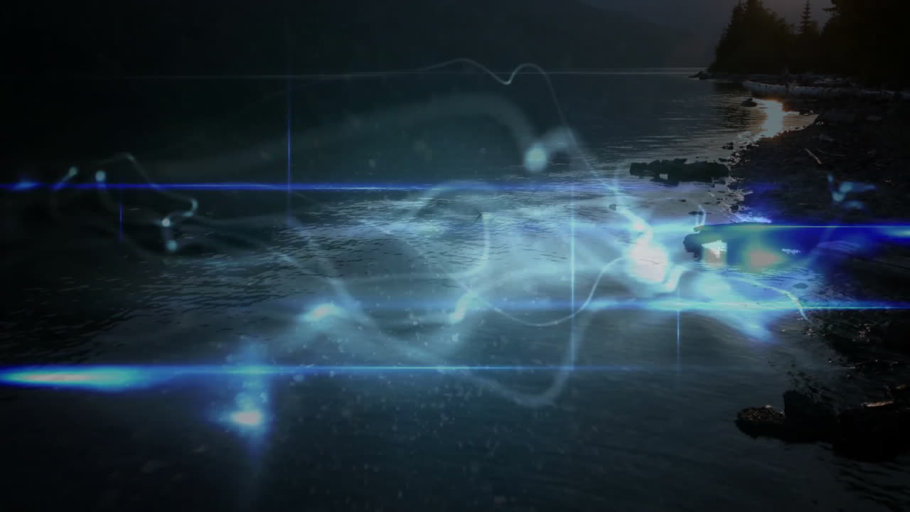 Blue energy animation flowing over dark water surface at night