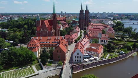aerial view of stunning wroclaw cathedral island in summer, oldest part of the city -poland