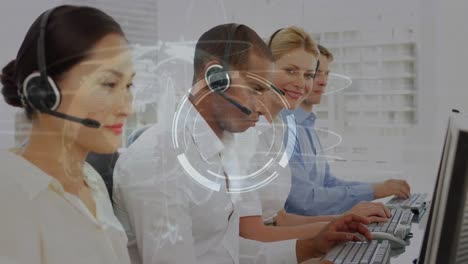 Animation-of-data-processing-over-diverse-business-people-using-phone-headsets