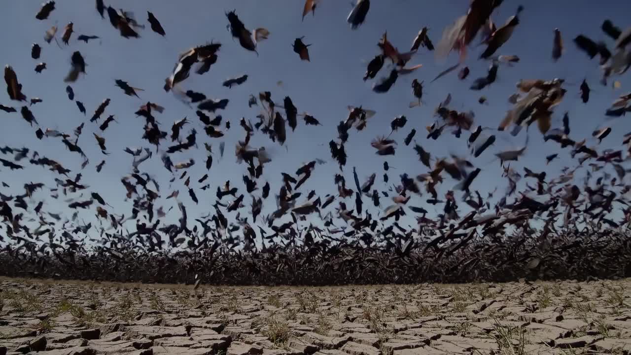 Low-angle shot of a vast flock of birds soaring over a cracked, dry landscape, capturing a dramatic