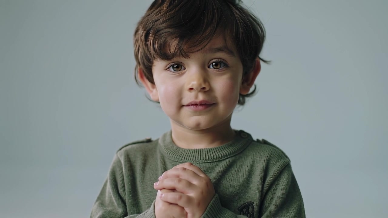 Niño reaccionando al alejamiento de la cámara, juntando las manos, manteniendo la mirada y sonriendo en un estudio con un suéter color oliva