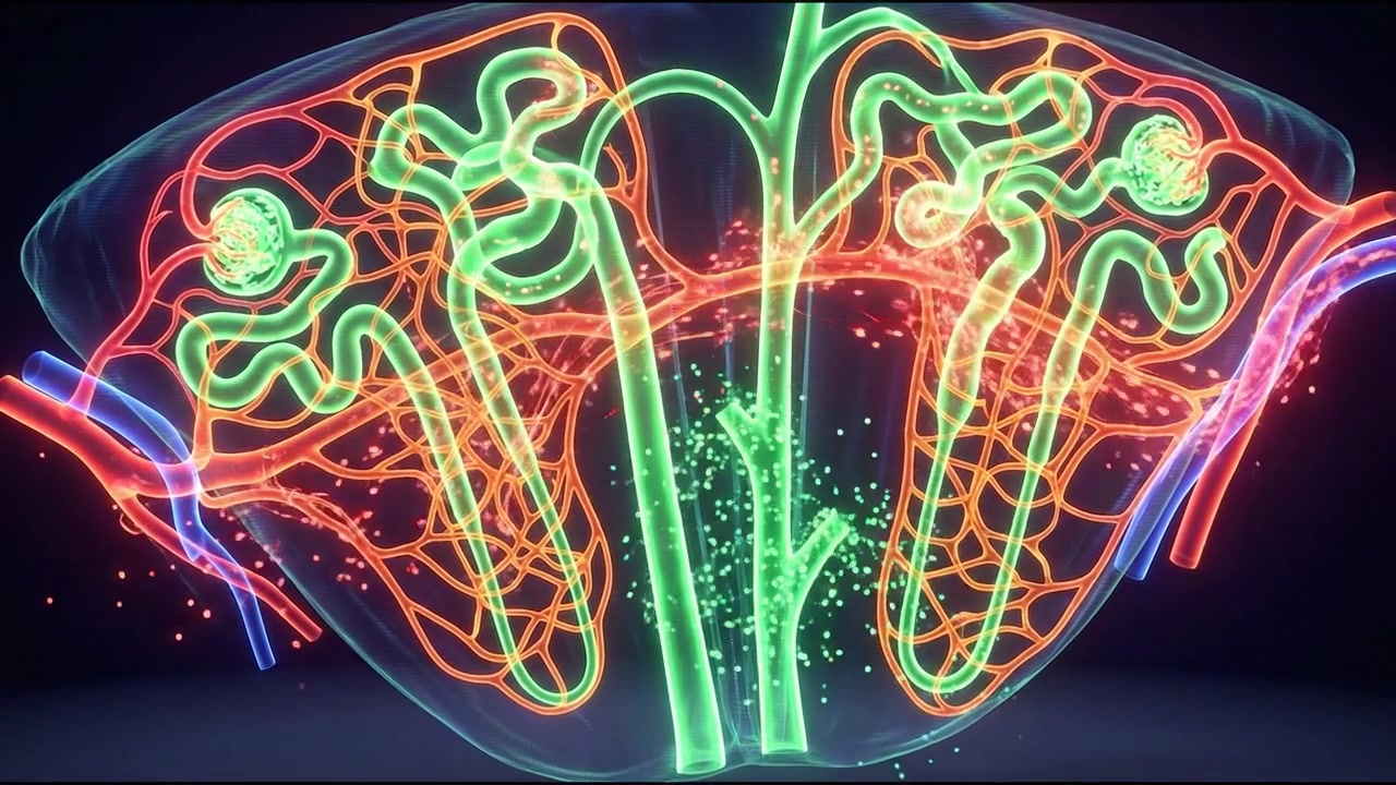 Animação médica 3D da função do néfron do rim humano