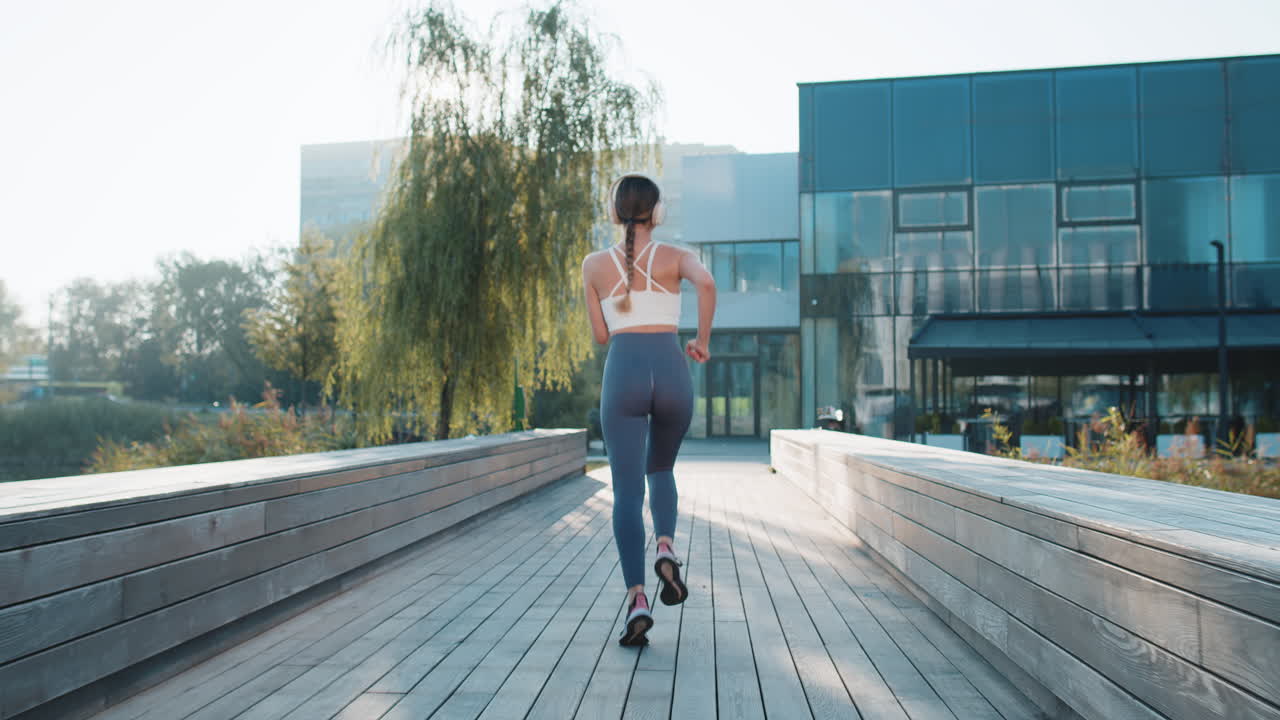 Back view of active young sportswoman girl jogging training marathon run on bridge in city park