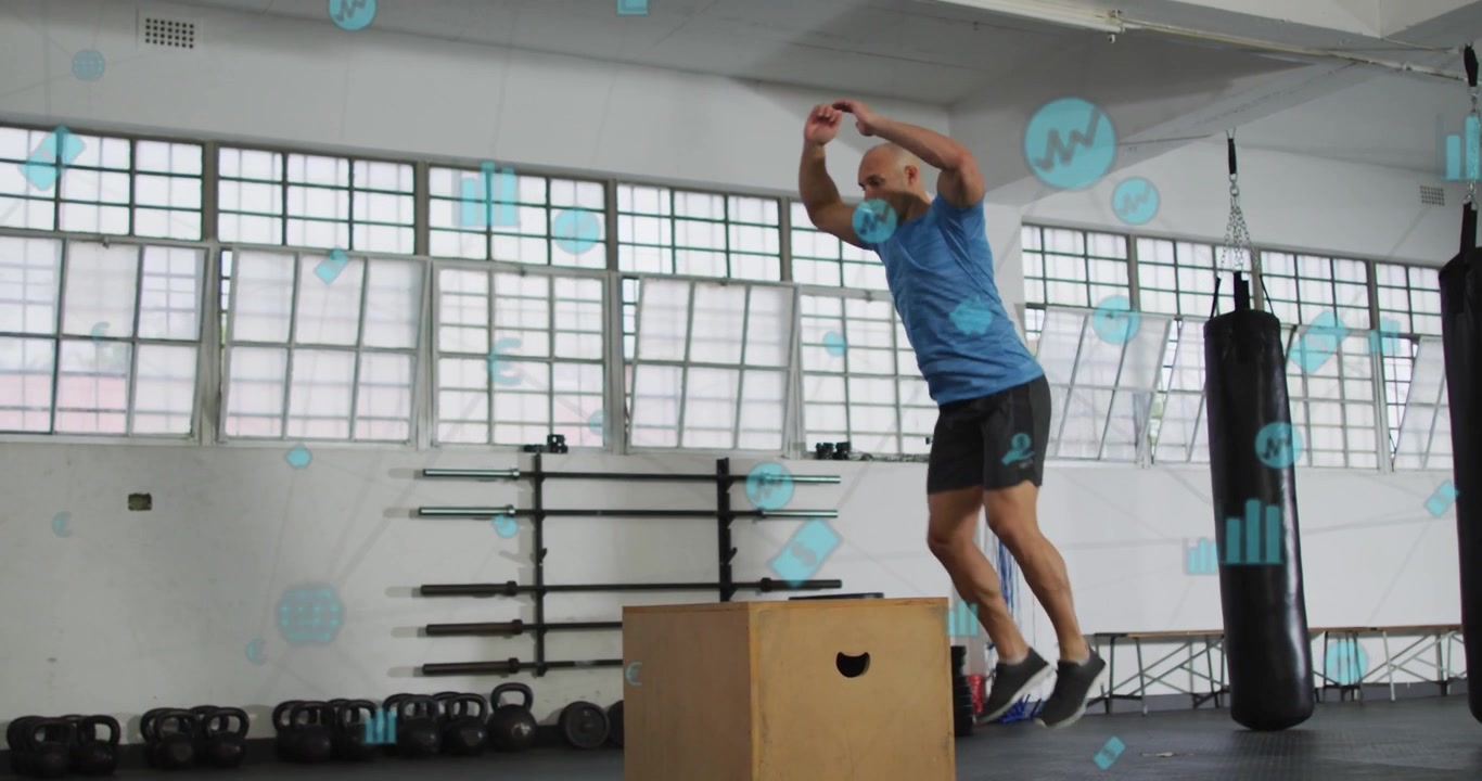 Male trainer stepping off box landing exploding upward icons floating across scene, gaining fitness