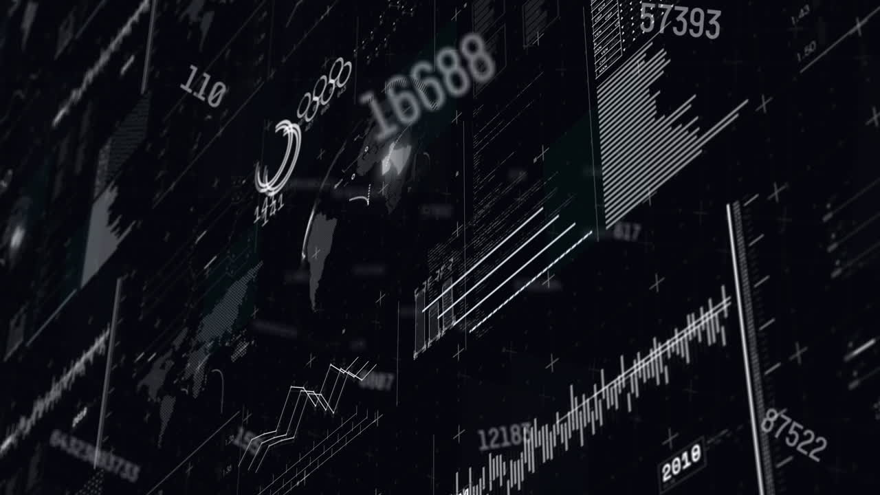 Animation of multiple changing numbers over interface with data processing on black background
