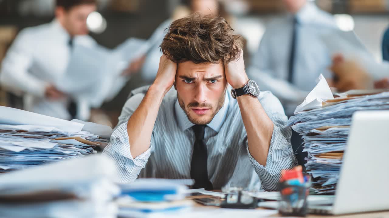 Young Professional Overwhelmed by Mounting Paperwork and Stress in a Chaotic Office Environment, Reflecting Pressure and Urgent Deadlines in Corporate Life