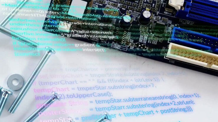 Camera panning right and down revealing PCB pins and screws while code overlay scrolling for tech