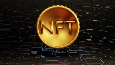 token non fungibile nft che ruota su una scheda madre a superficie dura. moneta crittografica, animazione in loop 3d