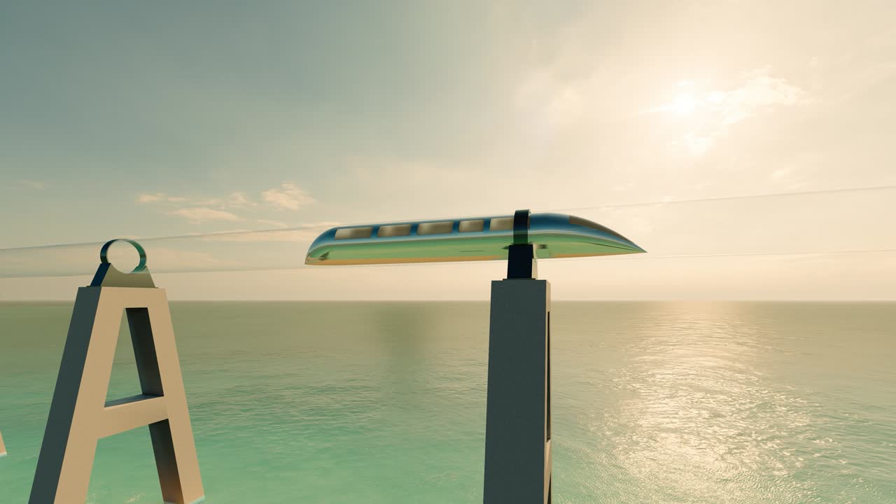 초록색 마그레브 하이퍼루프를 가진 환상적인 3d 일러스트레이션 - 여행 개념 배경 - 현대 도시 건축 - 미래 기술 개념 - 현대 도시 교통 - 도시 풍경 일러스트.