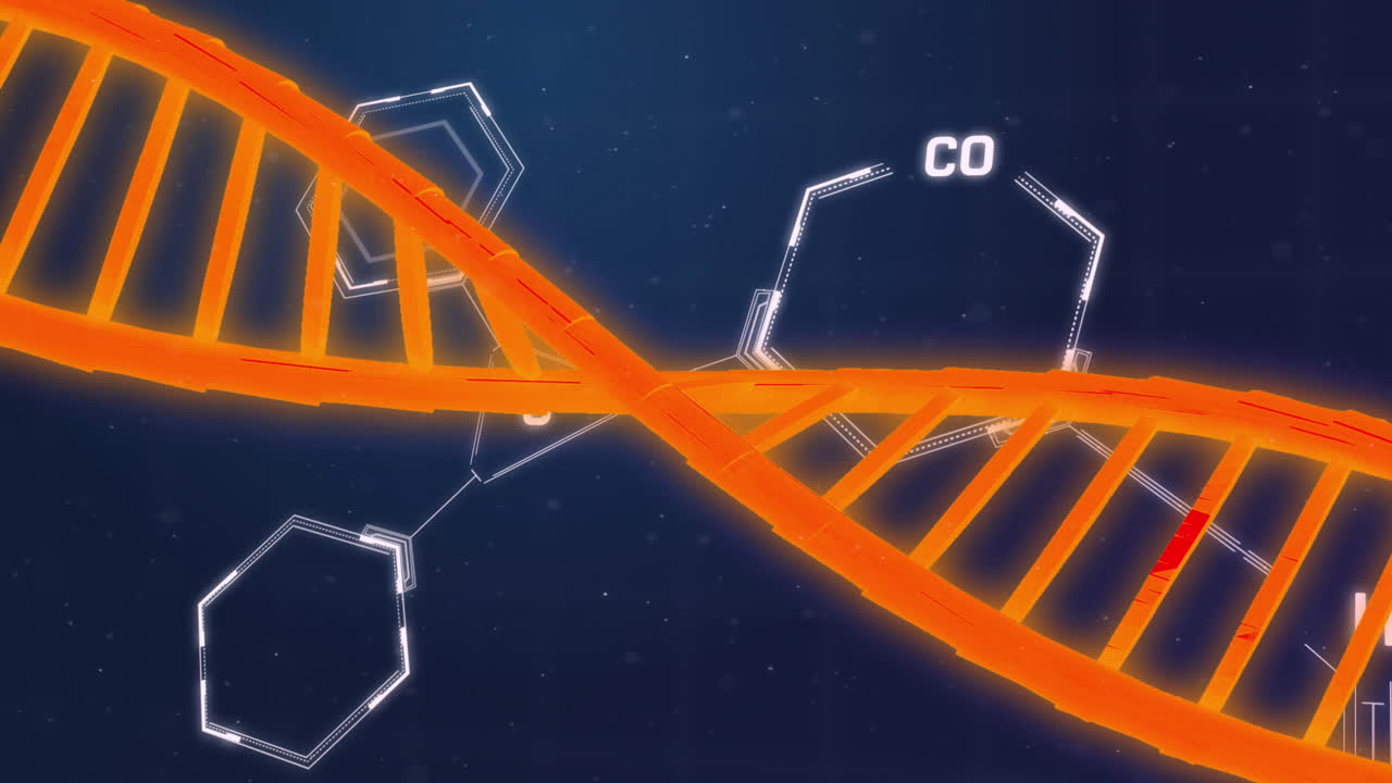 Animation of dna strand and data processing with chemical formula on black background