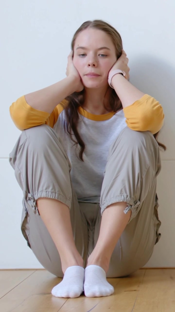 Video verticale: Donna con top giallo che si sistema dopo l'inizio, si rilassa a terra, con fascia rosa visibile.