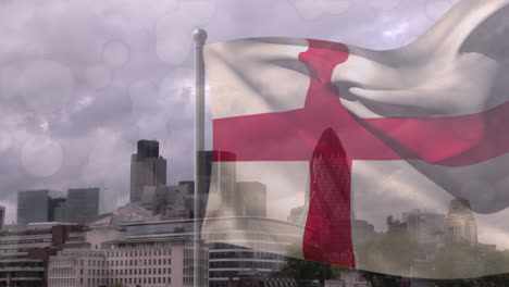 animation of flag of england over cityscape