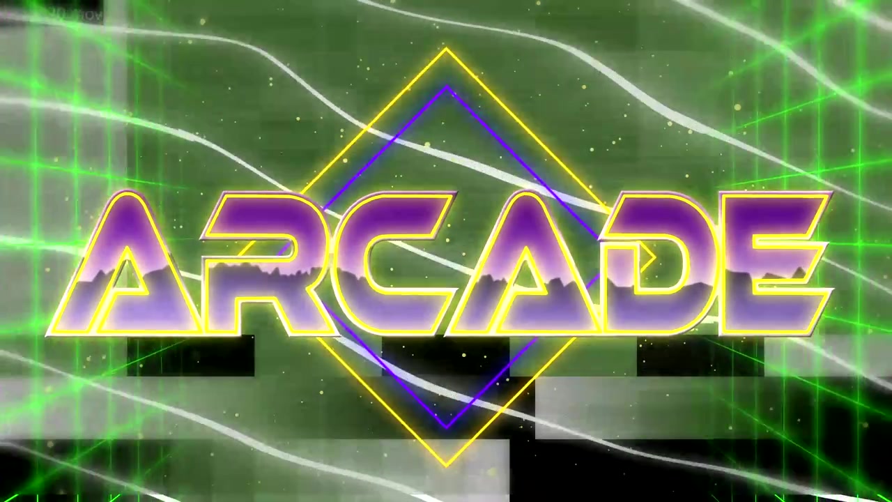 Neonvärisen ARCADE-tekstin ilmestyminen kirjain kirjaimelta neonruudukolle, glitchin laukaisemana, timanttiääriviivoilla