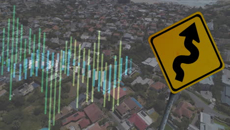 Animation of financial data processing over road sign and cityscape