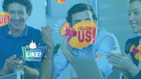 animation of online social media icons over diverse business people clapping