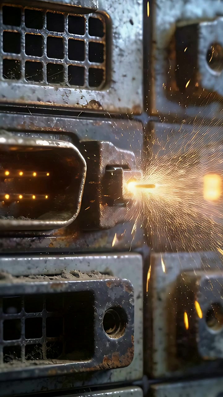 Vertical video: Panning connector panel with gold pin emitting arc, stirring dust near orange light