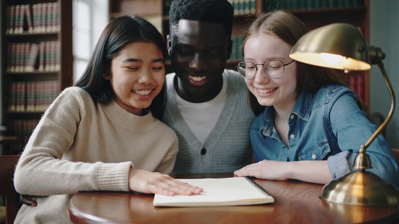 Left student placing hand on notebook, three leaning at library table, tracing notes by brass lamp