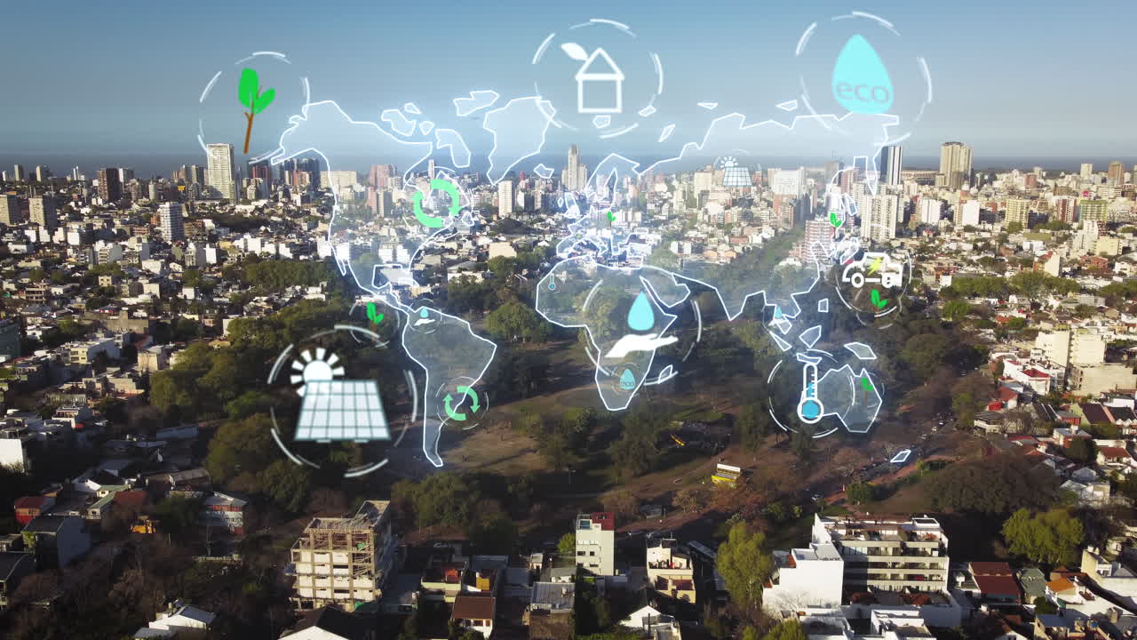 antena del concepto de planeta verde con símbolos de hologramas digitales sobre el parque rural y el horizonte de la ciudad en segundo plano: paneles solares ecológicos, energía renovable, reciclaje, cambio climático y calentamiento global -4k