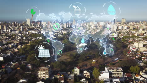 aerial of green planet concept with digital hologram symbols over rural park and city skyline in background - eco-friendly,solar panels,renewable energy,recycling,climate change and global warming -4k