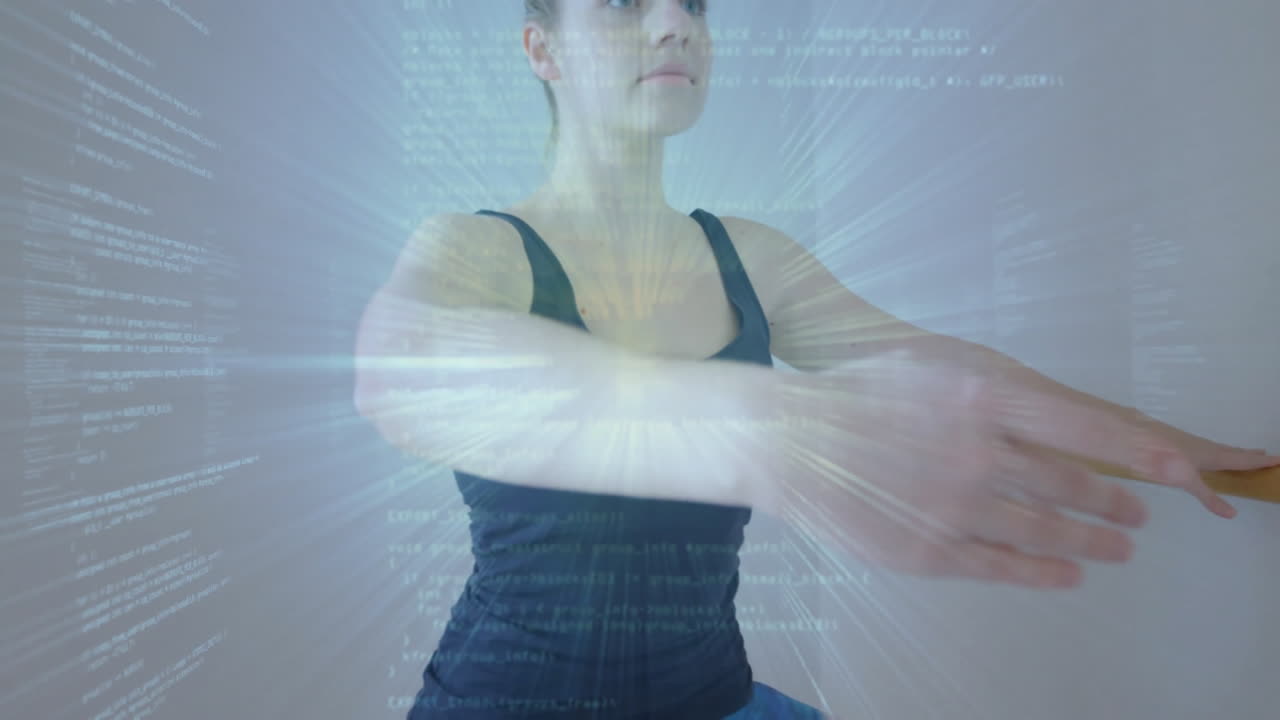 Exercising, woman surrounded by futuristic light effects in dynamic animation