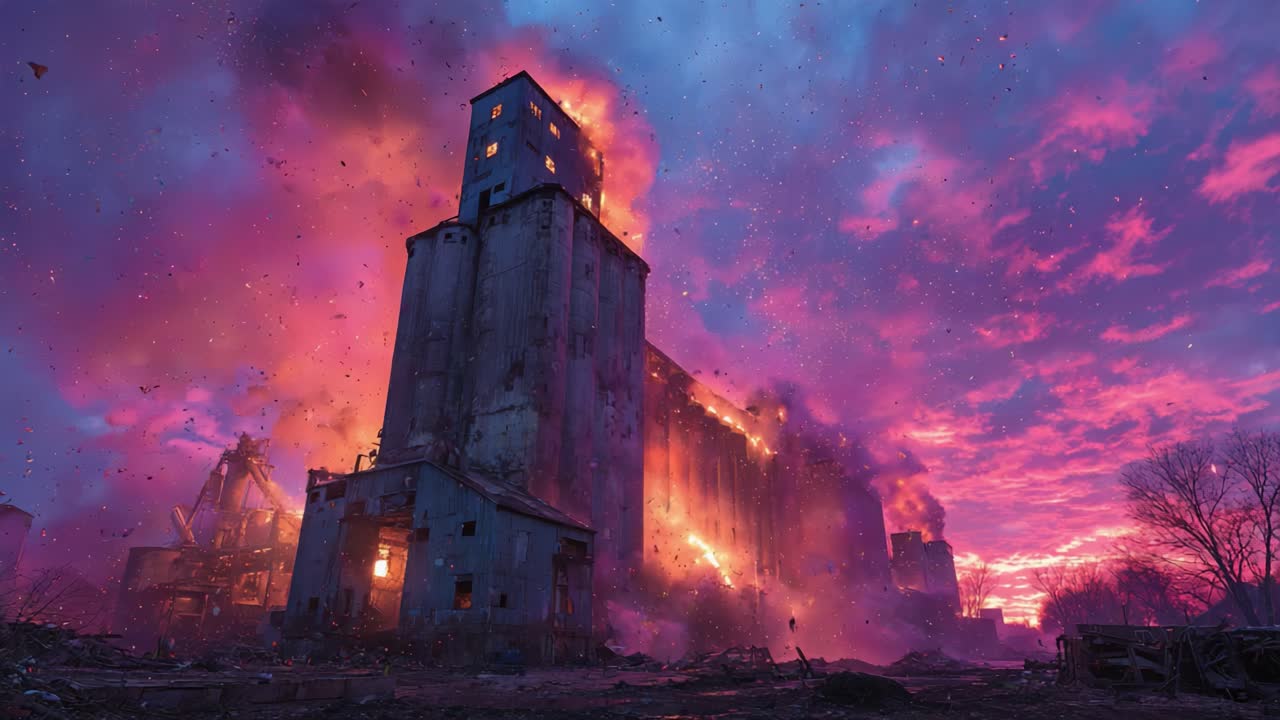 A Breathtaking Display of Inferno: A Once-Operational Grain Silo Engulfed in Flames Against a Dazzling Twilight Sky, Capturing the Power of Destruction and Nature's Beauty
