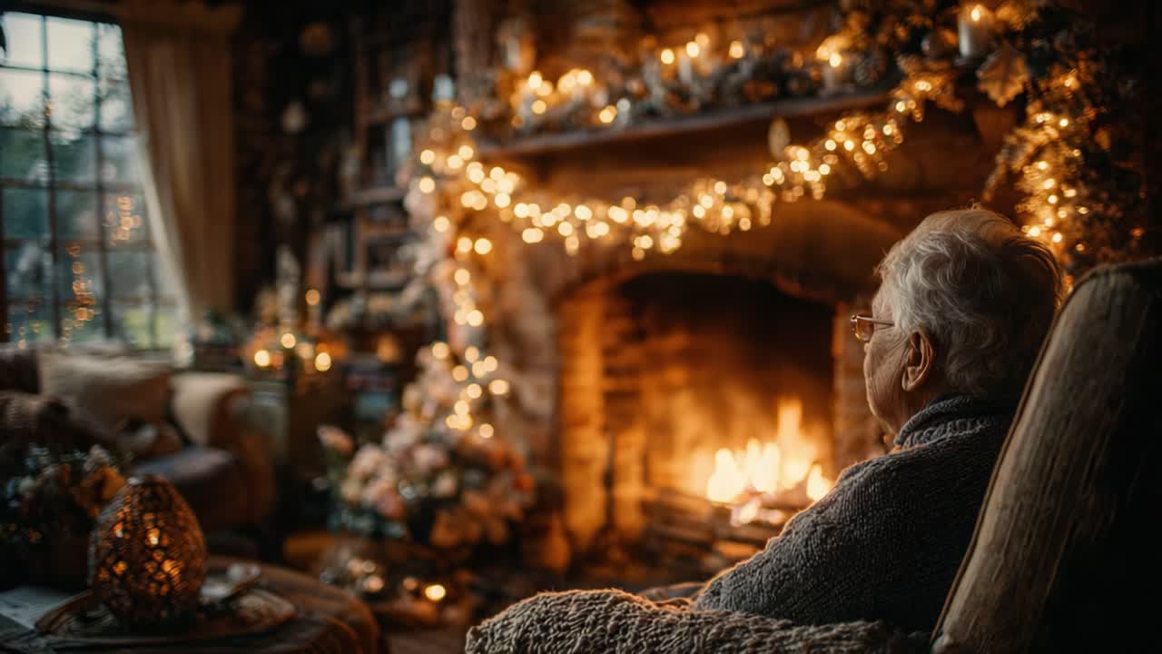 A Cozy Winter Evening by the Fireplace: Embracing Serenity Amidst the Gentle Glow of Lights and Decorations in a Warmly Decorated Living Room Atmosphere