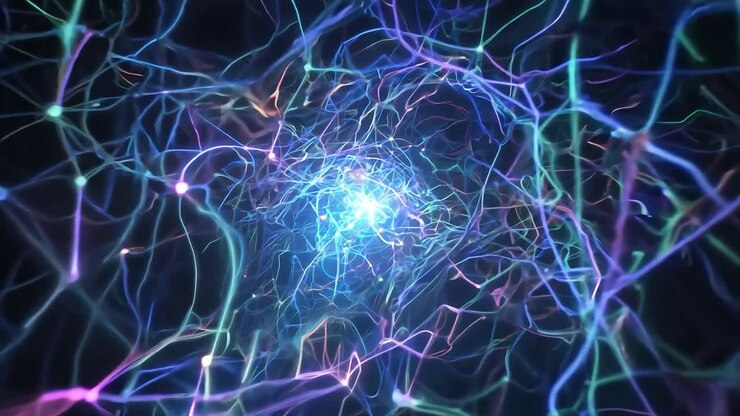 Glowing energy flows through a network of nodes connected by lines, creating a dynamic digital landscape
