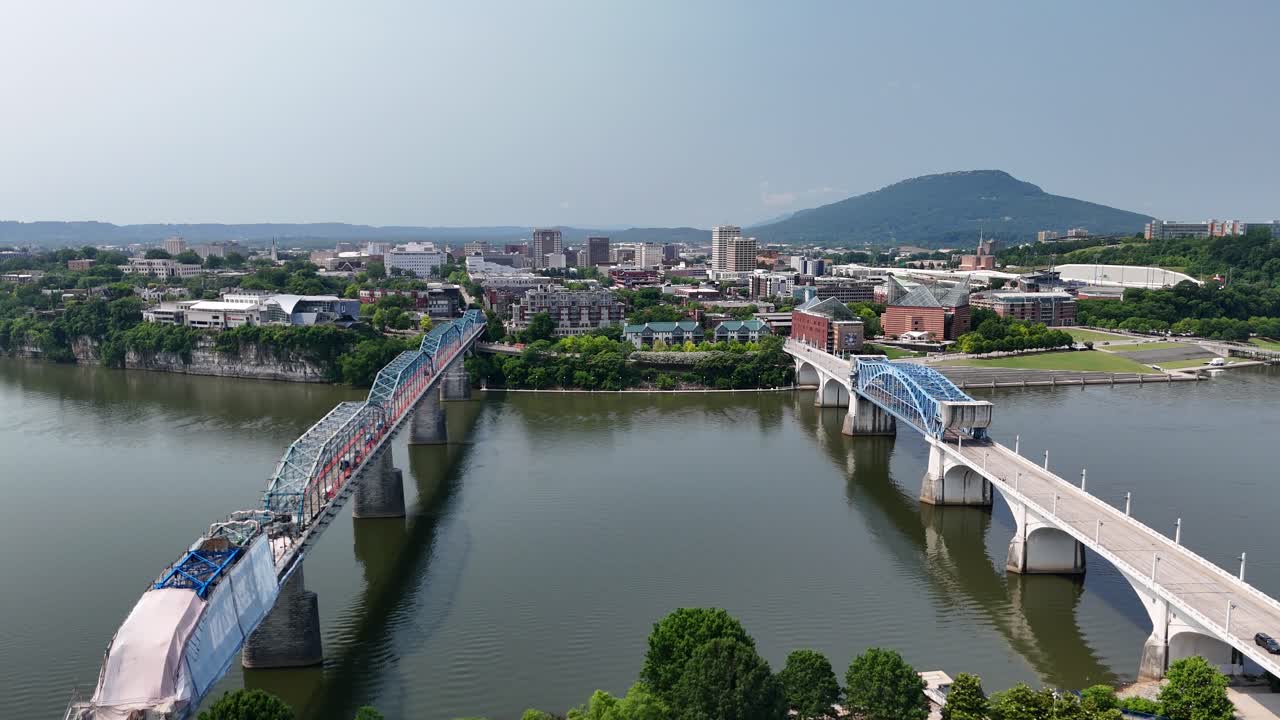 Aerial Drone Journey Over Chattanooga Riverfront, Tennessee