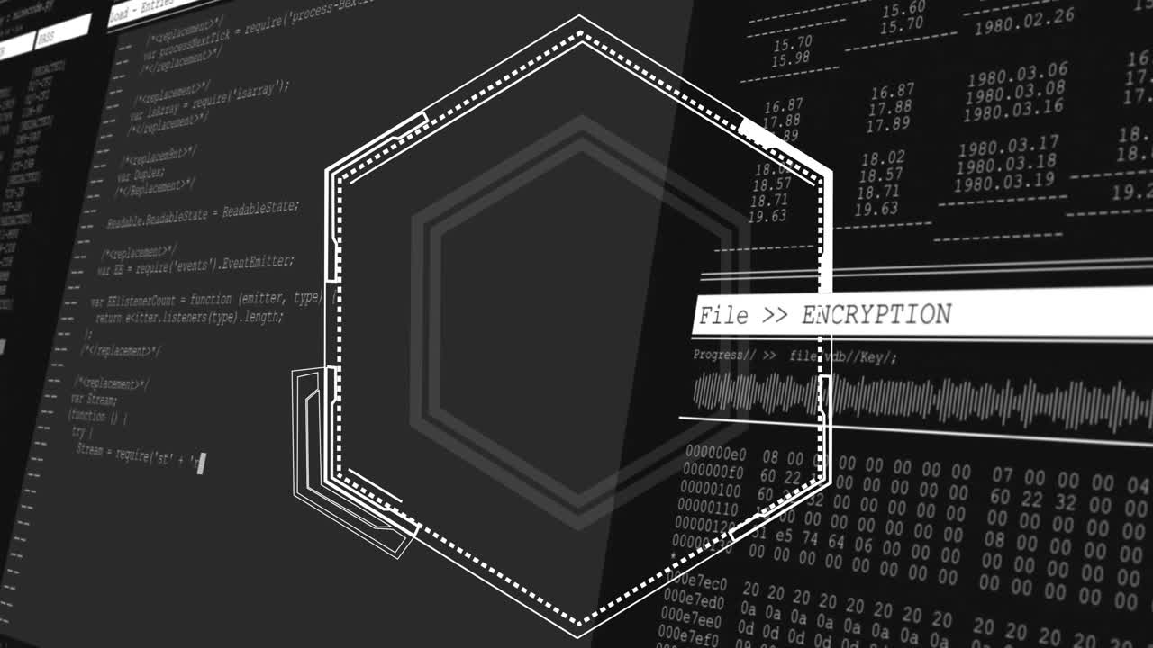 animación de texto de cifrado de archivo sobre formas hexagonales y fondo de código binario