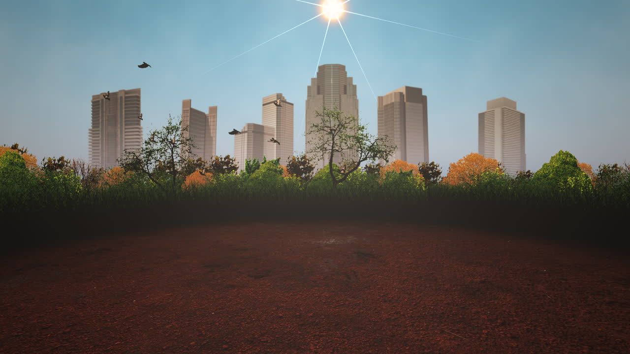 Summer landscape with big buildings and birds in national park